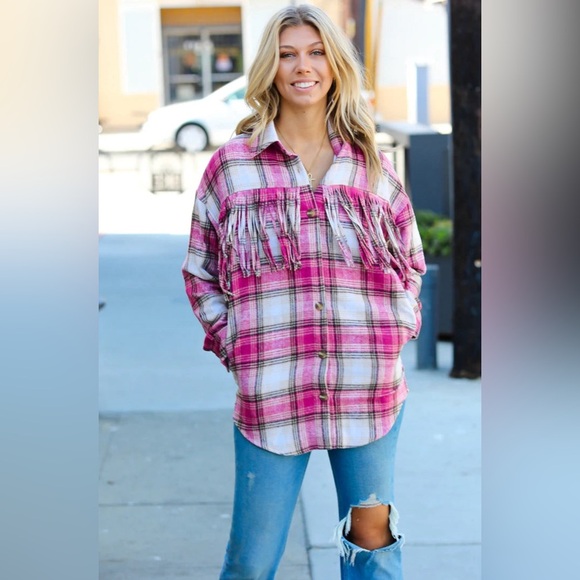 **NWT** Haptics Magenta Fringe Plaid Shacket - Picture 3 of 12